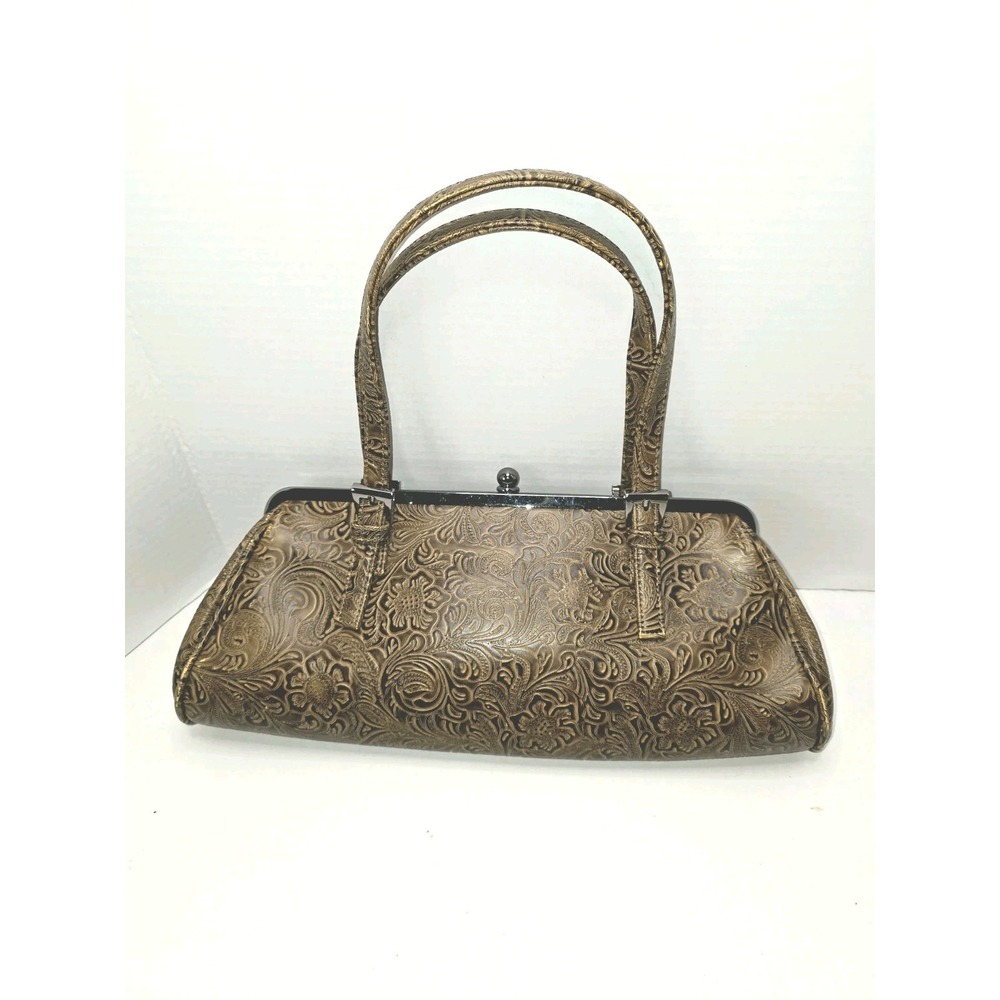 Vtg Y2K Far Nine Brown Embossed Evening Purse Handbag Clutch Silverstone Clasp